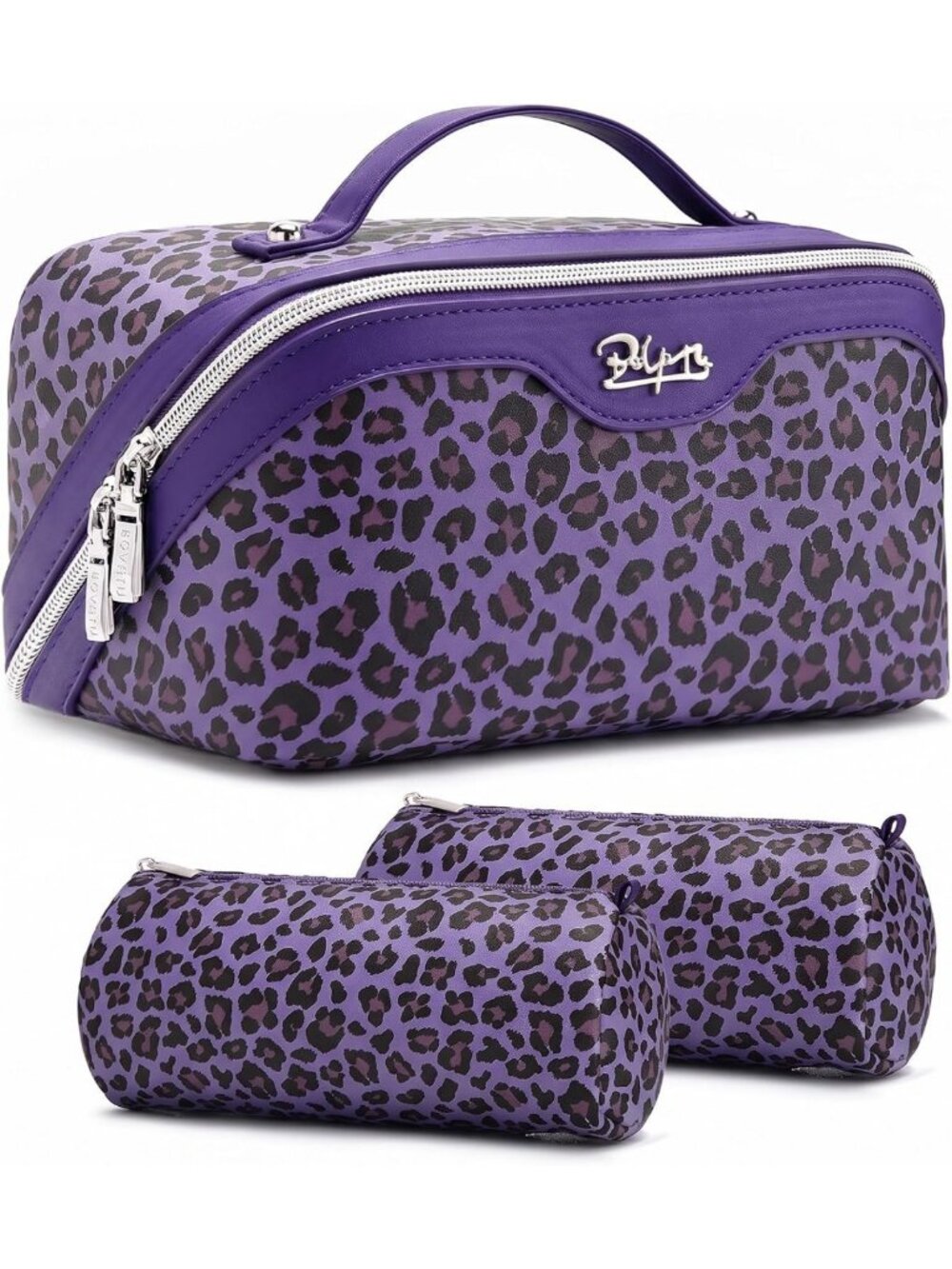 Travel Makeup Bag Organizer Set - 3 Pcs Leopard Cosmetic Bags for Women